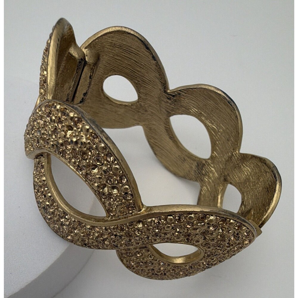 Gold Tone Infinity Hinged Cuff Bangle Bracelet Pavé Round Brown Crystals